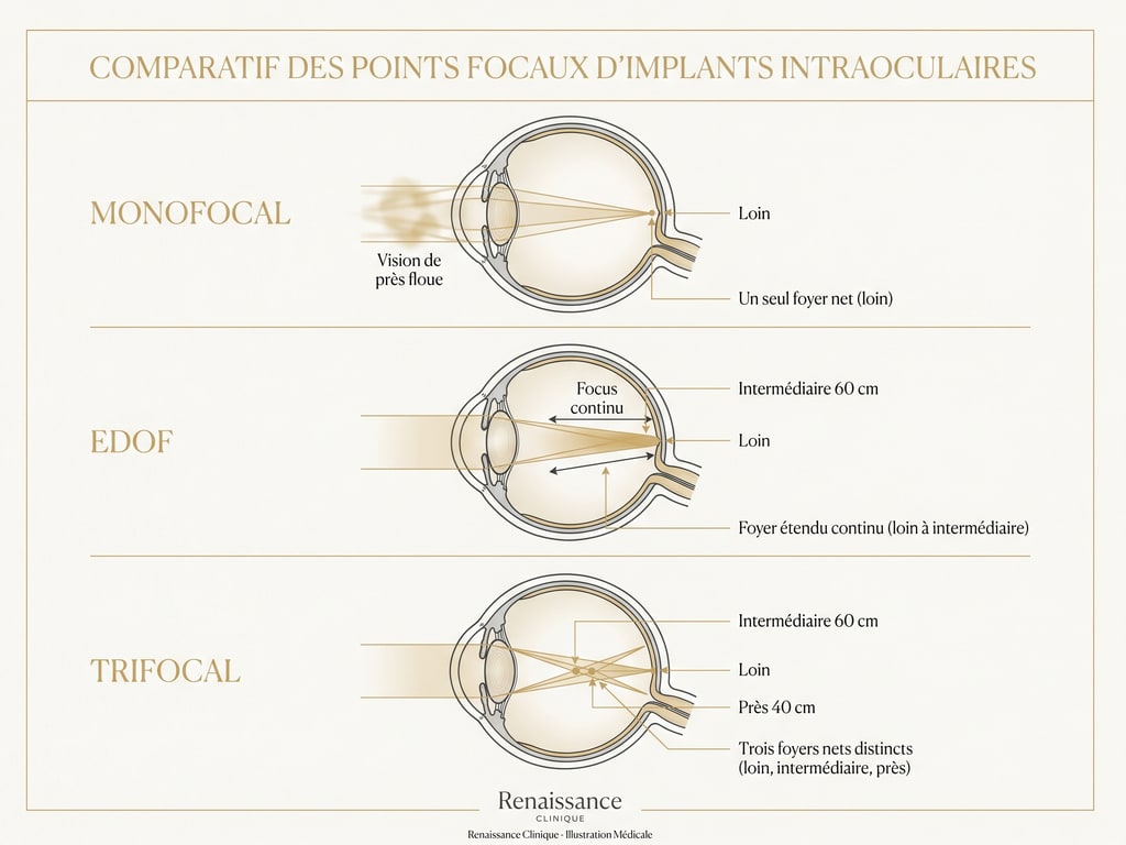 Schéma optique comparant les foyers d'un implant monofocal, EDOF et trifocal — vision de loin, intermédiaire et de près