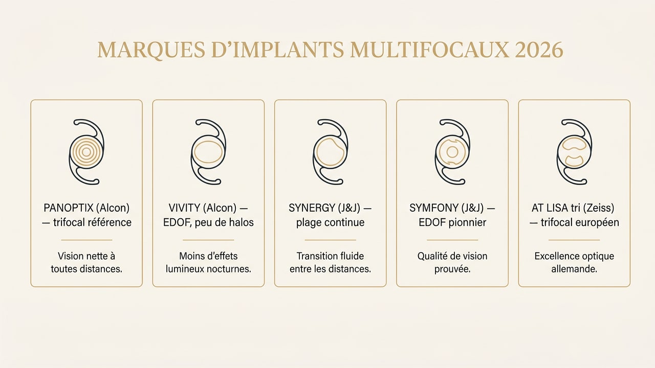 Comparatif des marques d'implants multifocaux 2026 : PanOptix, Vivity, Synergy, Symfony, AT LISA tri