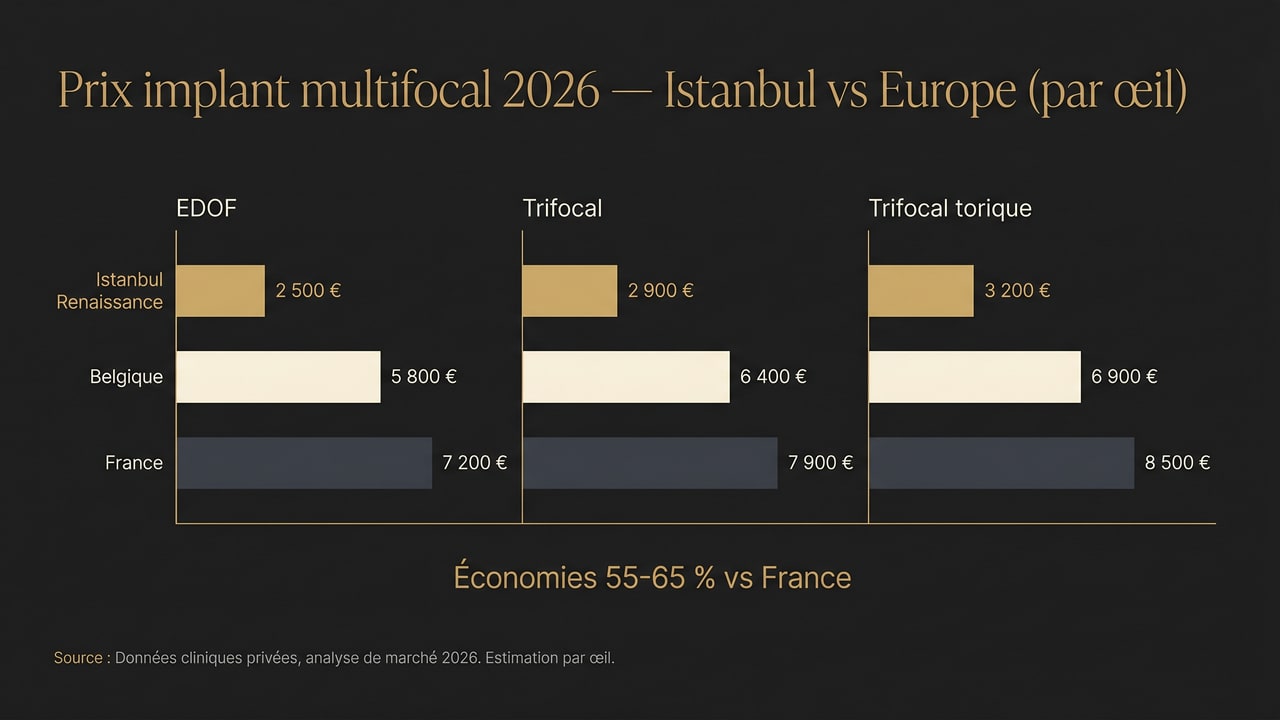 Comparatif prix implant multifocal Istanbul vs France et Belgique — EDOF, trifocal, trifocal torique par œil