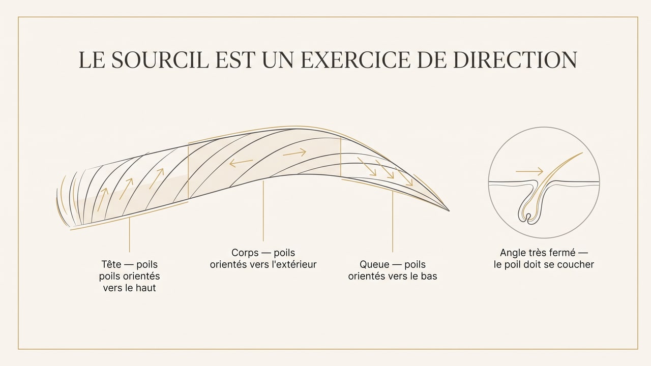 Schéma montrant l'orientation des poils du sourcil selon la zone — tête, corps et queue — et l'angle très fermé auquel les greffons doivent être implantés