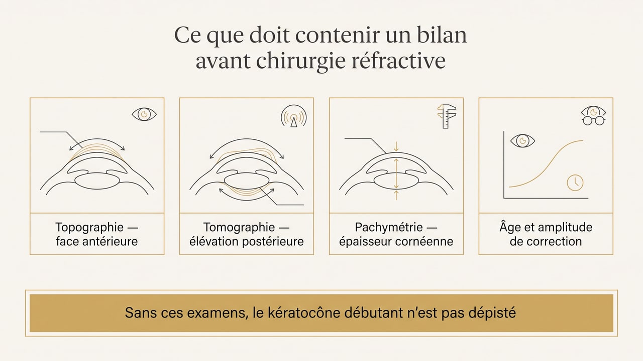 Schéma des quatre examens indispensables avant une chirurgie réfractive : topographie, tomographie, pachymétrie et évaluation de l'âge et de la correction