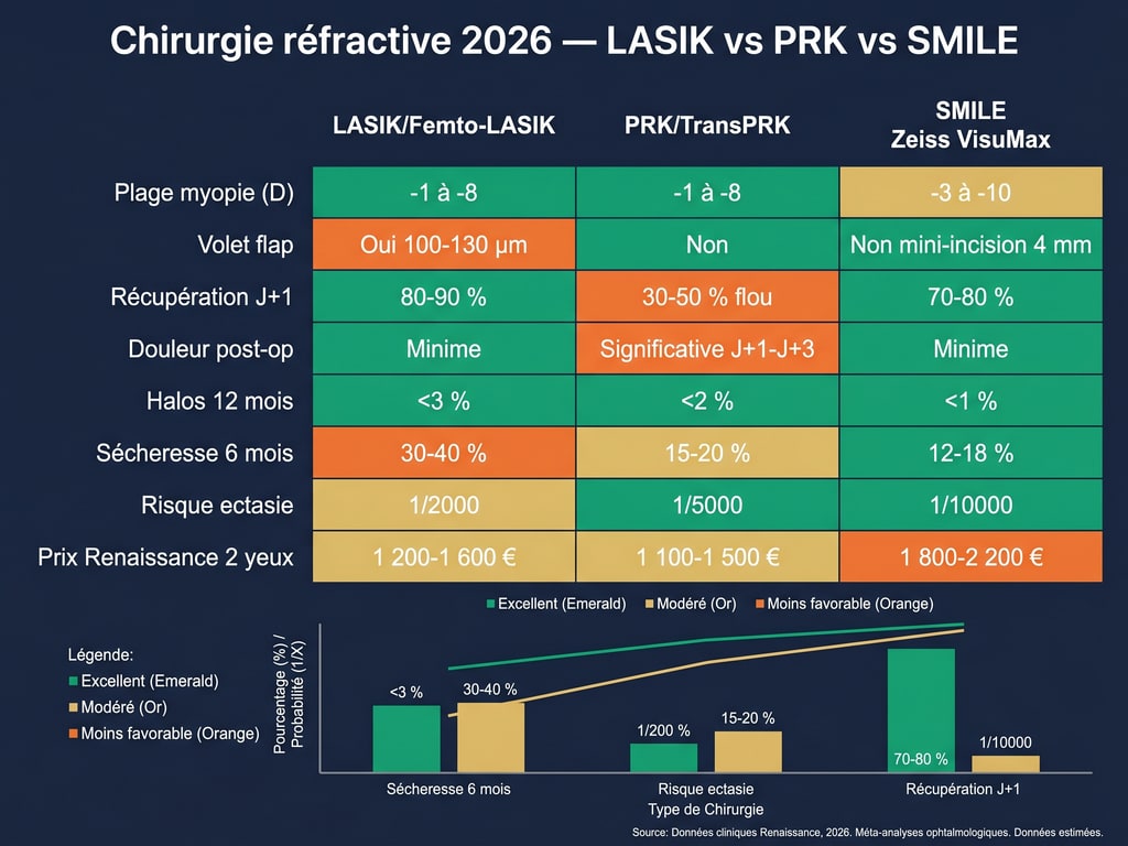 Tableau comparatif détaillé des trois techniques de chirurgie réfractive cornéenne LASIK, PRK et SMILE