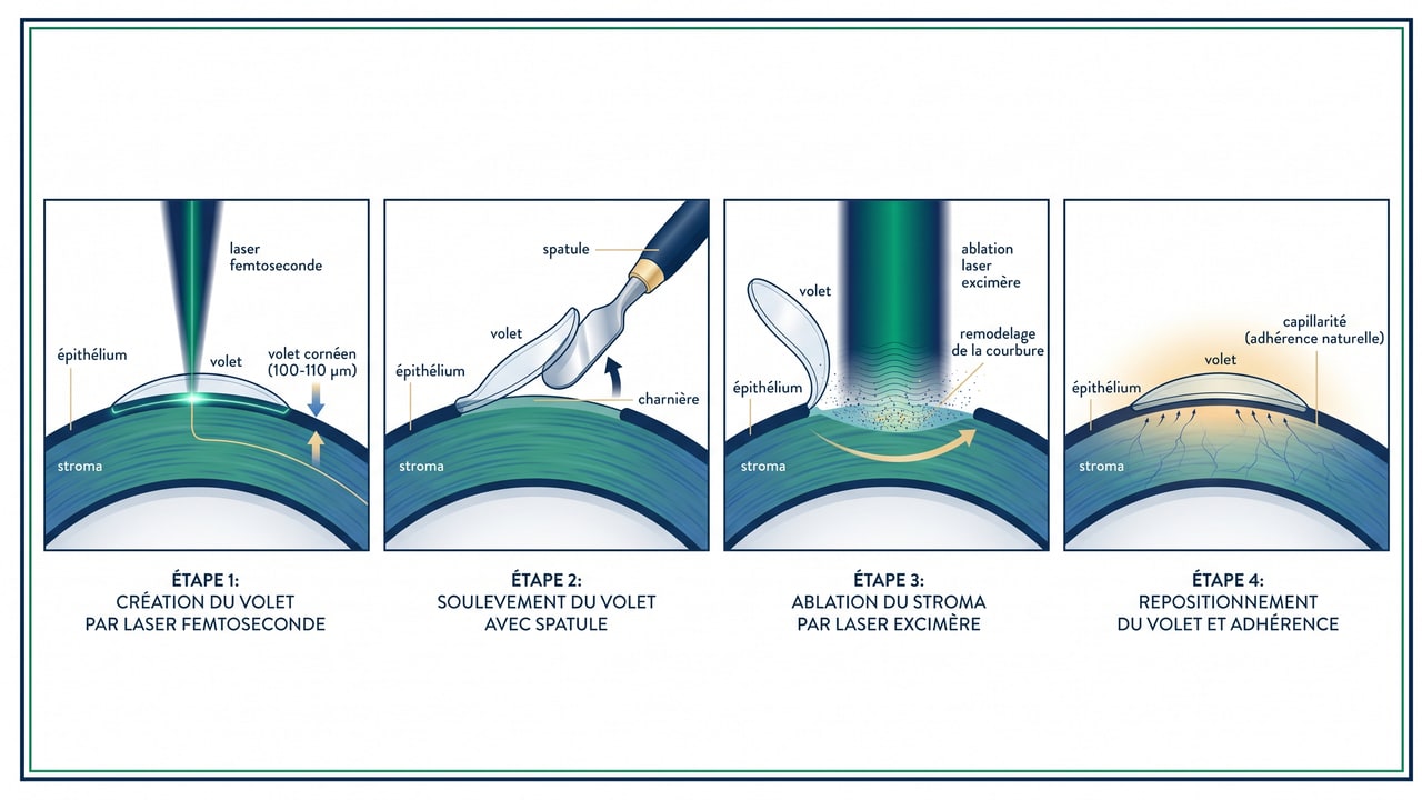 Schéma anatomique des quatre étapes de la procédure femto-LASIK avec création du flap et ablation excimer