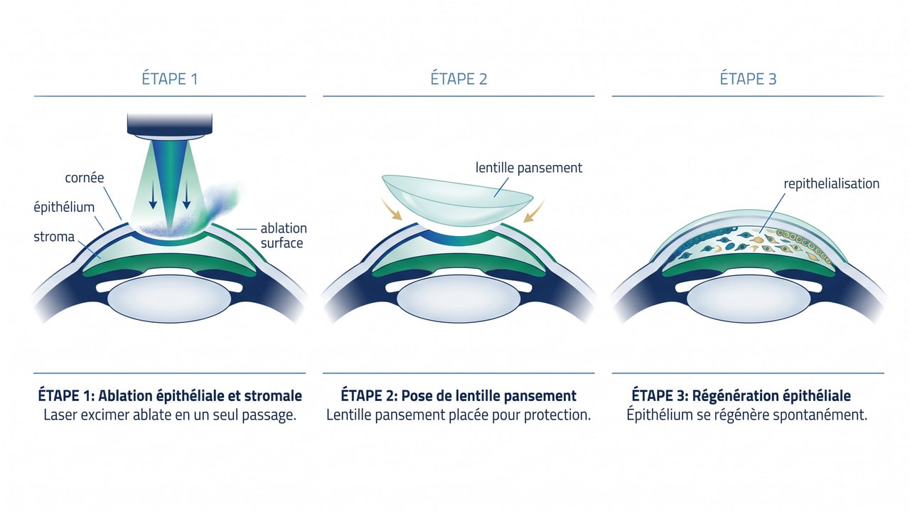 Schéma anatomique de la procédure TransPRK avec ablation de surface et reformation épithéliale