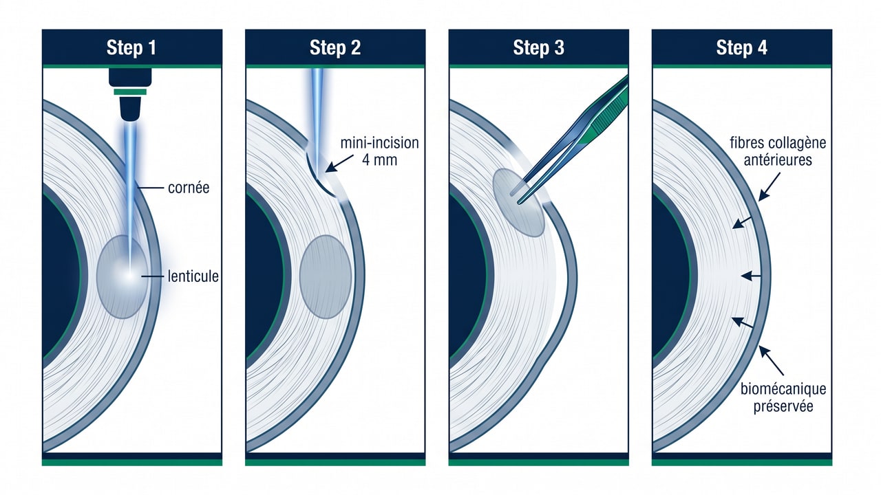 Schéma anatomique des quatre étapes de la procédure SMILE Zeiss VisuMax avec extraction du lenticule par mini-incision
