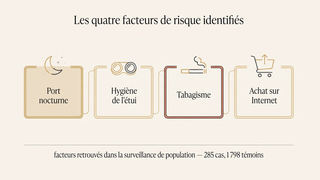 Schéma des quatre facteurs de risque de kératite liée aux lentilles identifiés dans l'étude de surveillance de population