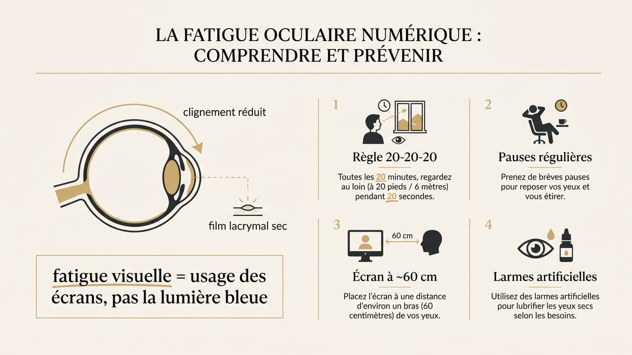 Infographie expliquant que la fatigue visuelle numérique vient de l'usage des écrans (clignement réduit) et les vraies solutions : règle 20-20-20, pauses, distance et larmes artificielles.