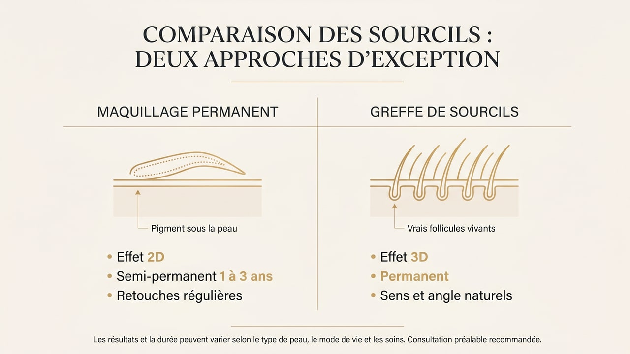 Infographie comparant le maquillage permanent (pigment 2D semi-permanent) et la greffe de sourcils (vrais follicules 3D permanents).