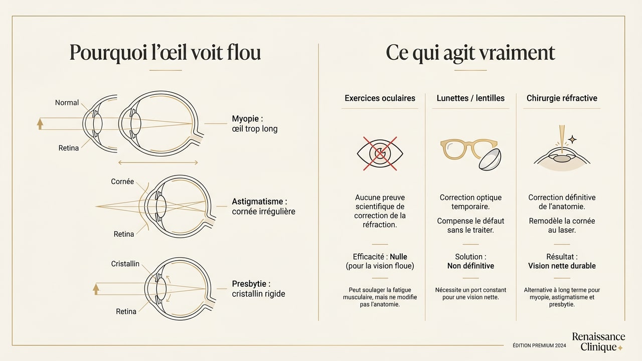 Infographie expliquant pourquoi l'œil voit flou (défauts optiques) et comparant exercices oculaires, lunettes et chirurgie réfractive.