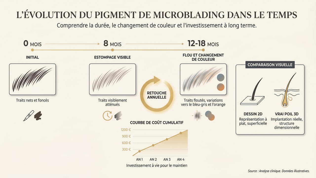 Infographie montrant l'estompage du microblading sur 18 mois, le virage de couleur, les retouches annuelles à vie et le coût cumulé.
