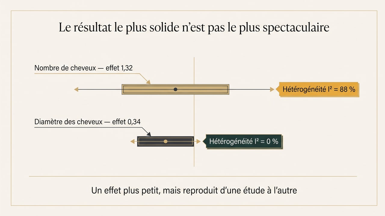 Schéma comparant l'effet du microneedling sur le nombre de cheveux, important mais très hétérogène entre études, et sur le diamètre, plus modeste mais parfaitement homogène