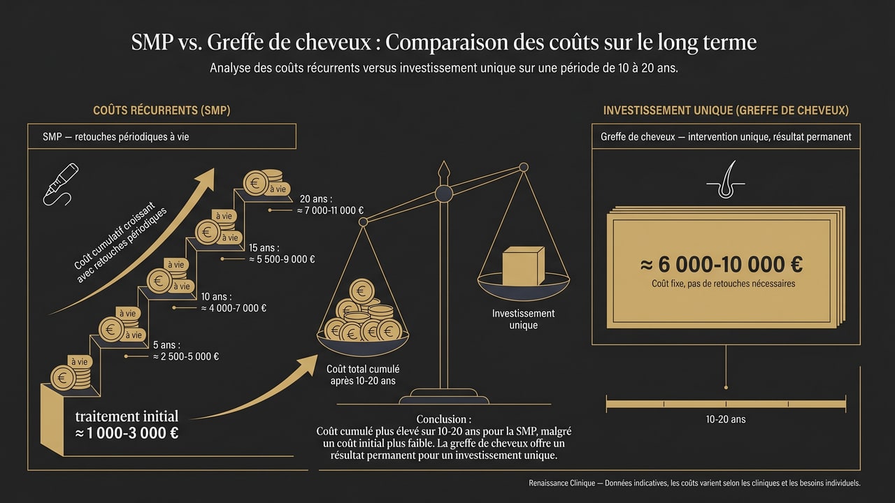 Infographie du coût cumulé de la SMP avec ses retouches à vie comparé au coût unique d’une greffe de cheveux