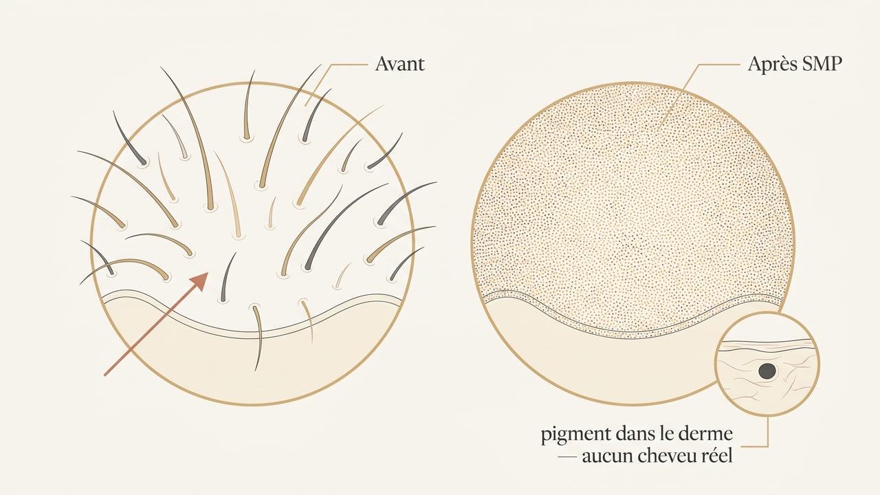 Schéma comparant un cuir chevelu clairsemé avant et après SMP, le pigment dans le derme créant une illusion de densité sans cheveu réel