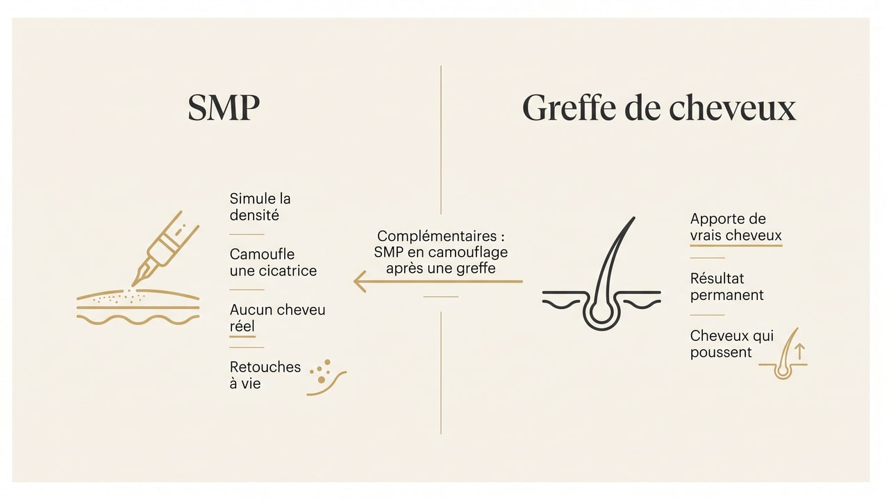 Infographie de la complémentarité entre la SMP en camouflage et la greffe de cheveux qui apporte de vrais follicules