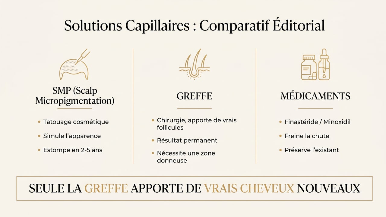 Comparaison infographique de la SMP, de la greffe de cheveux et des traitements médicaux contre la chute de cheveux