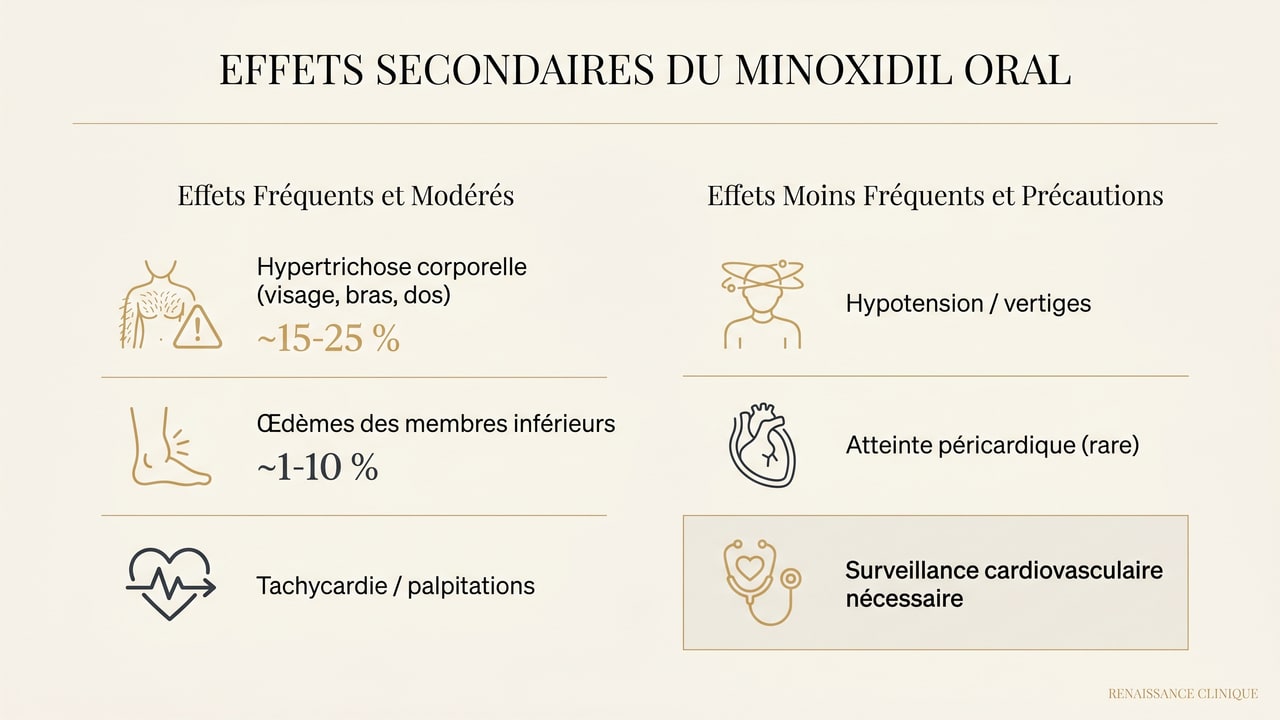 Infographie des effets secondaires du minoxidil oral : hypertrichose corporelle, œdèmes, tachycardie et nécessité d'une surveillance cardiovasculaire