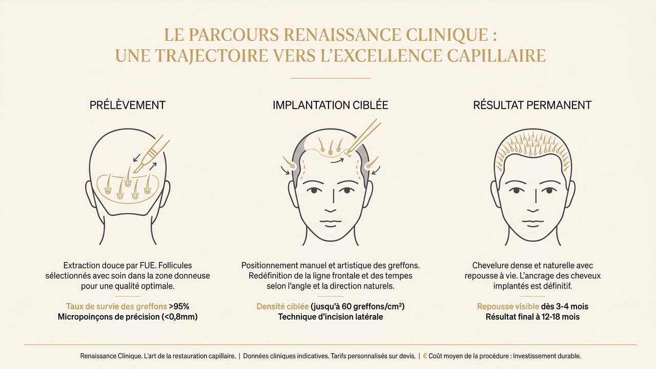 Infographie des étapes d'une greffe de cheveux FUE : prélèvement à l'arrière du crâne, implantation ciblée de la ligne frontale et résultat permanent