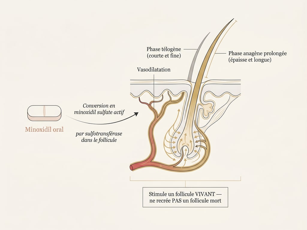 Schéma du mécanisme du minoxidil oral : conversion en minoxidil sulfate, vasodilatation et prolongation de la phase de croissance d'un follicule vivant