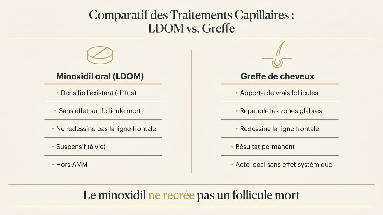 Comparaison infographique du minoxidil oral et de la greffe de cheveux : densification diffuse temporaire vs implantation ciblée et permanente de follicules