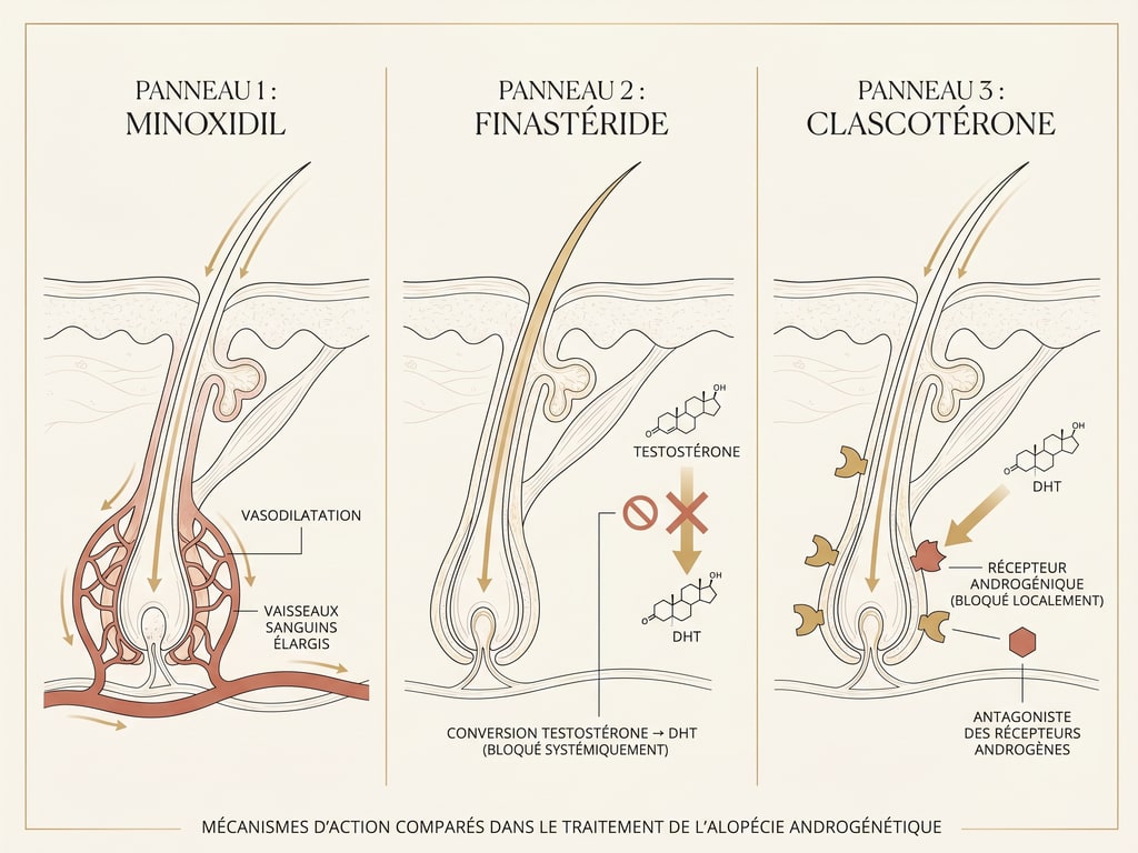 Schéma comparant les mécanismes d'action du minoxidil, du finastéride et du clascotérone sur le follicule pileux