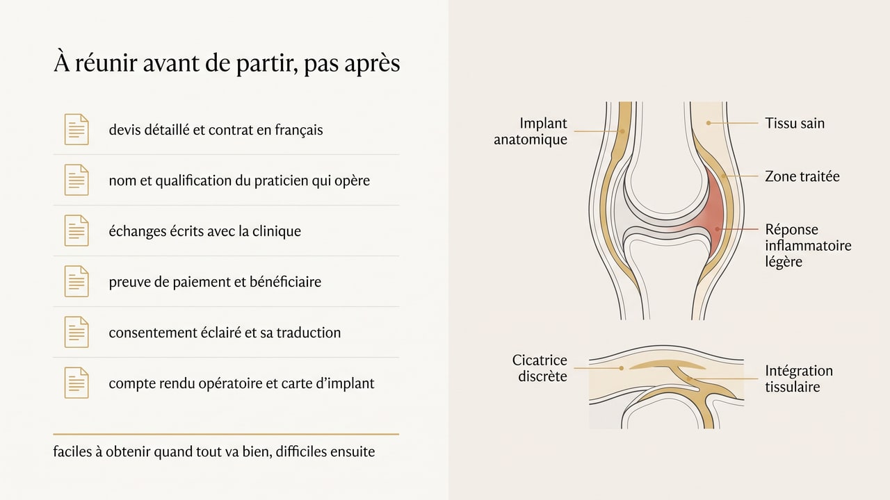 Liste des six documents à réunir avant une intervention à l'étranger : devis et contrat, identité du praticien, échanges écrits, preuve de paiement, consentement éclairé, compte rendu opératoire