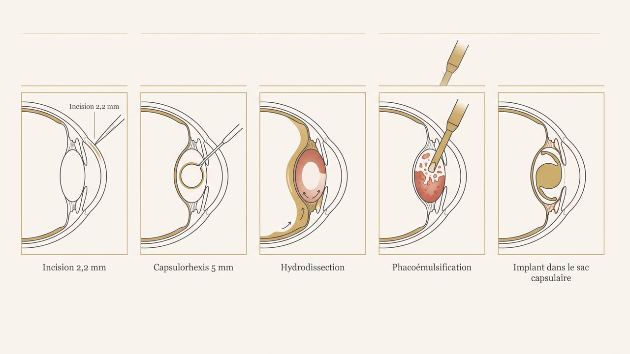 Schéma en cinq étapes d'une chirurgie de la cataracte : incision, capsulorhexis, hydrodissection, phacoémulsification et implantation