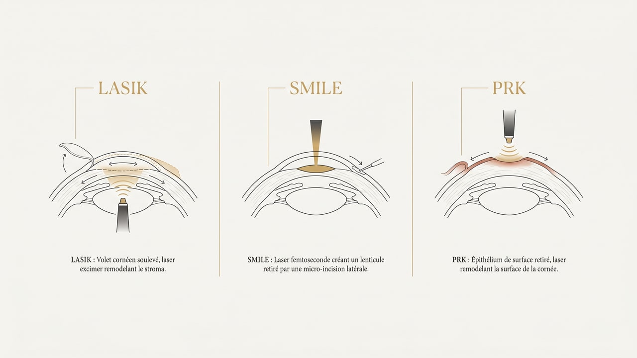 Schéma comparatif des techniques de chirurgie réfractive de la myopie : LASIK, SMILE et PRK