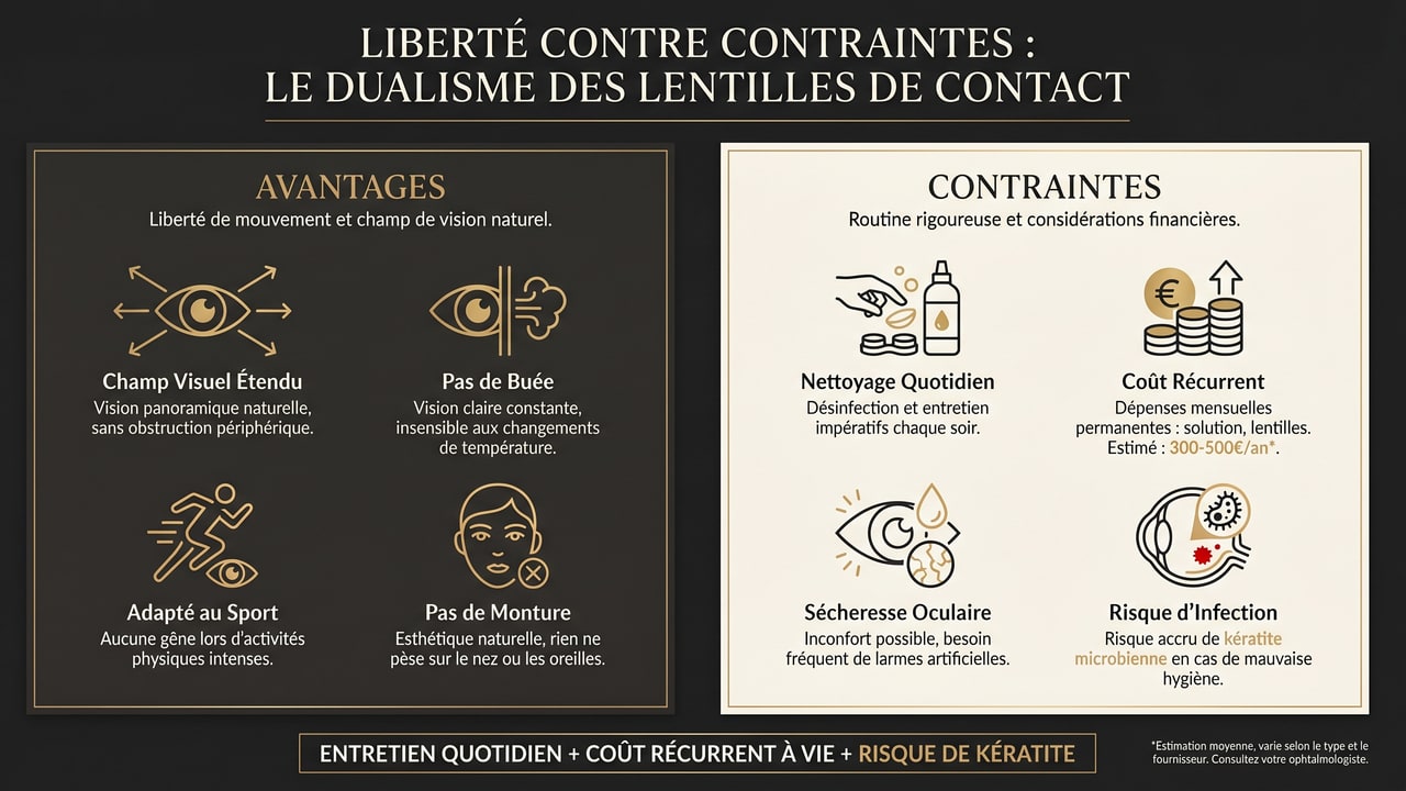Infographie des avantages et contraintes des lentilles de contact : liberté visuelle face à l’entretien, au coût récurrent et au risque infectieux
