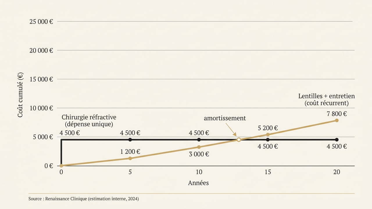 Graphique du coût cumulé des lentilles dans le temps comparé à la dépense unique d’une opération de la myopie et point d’amortissement