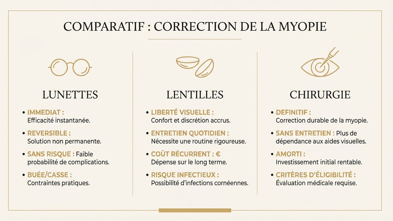 Infographie comparative des trois options pour corriger la myopie : lunettes, lentilles et chirurgie réfractive