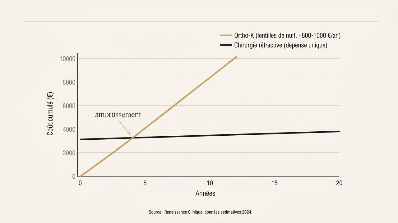 Graphique du coût cumulé de l'orthokératologie dans le temps comparé à la dépense unique d'une chirurgie réfractive et point d'amortissement
