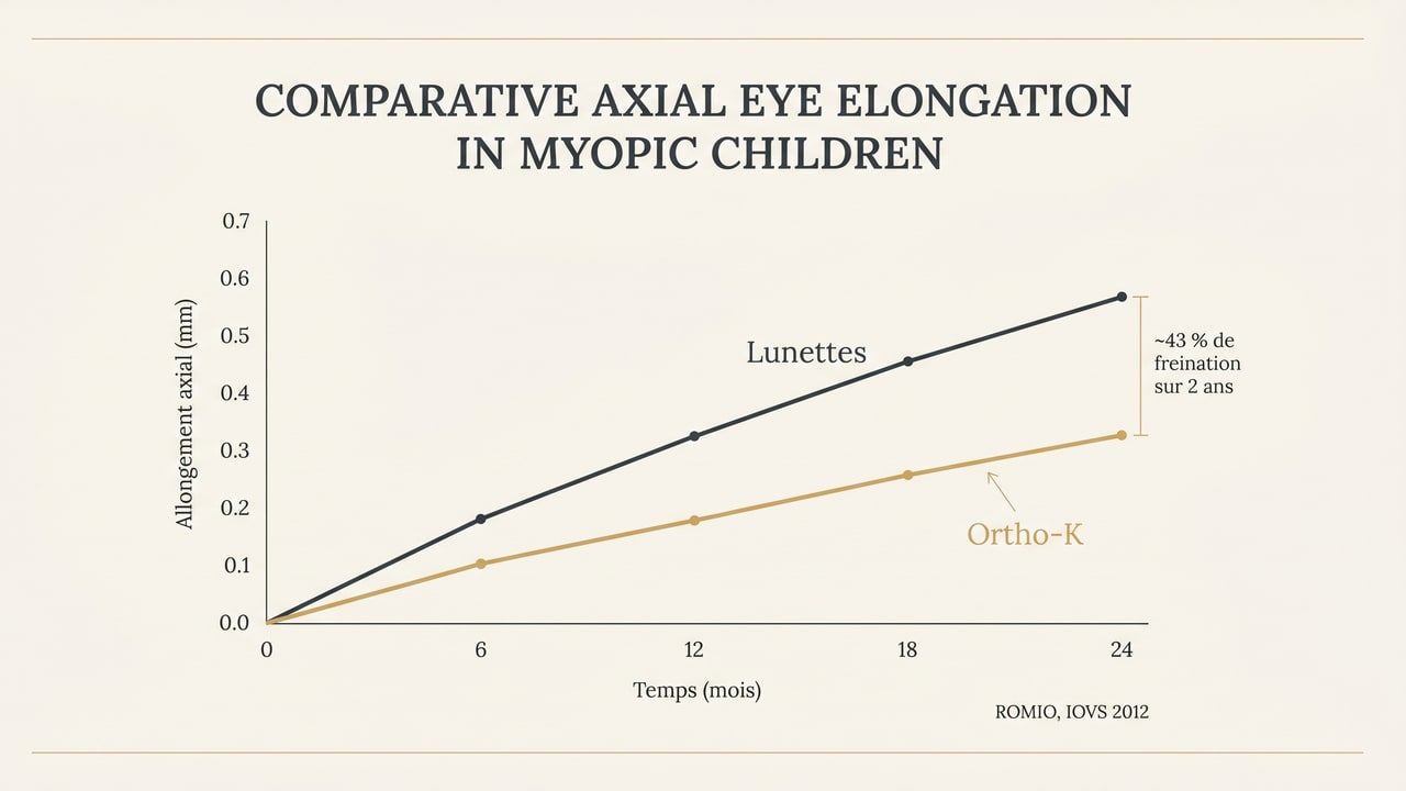 Graphique comparant l'allongement axial de l'œil sur deux ans avec lunettes et avec orthokératologie chez l'enfant myope (freination myopique)