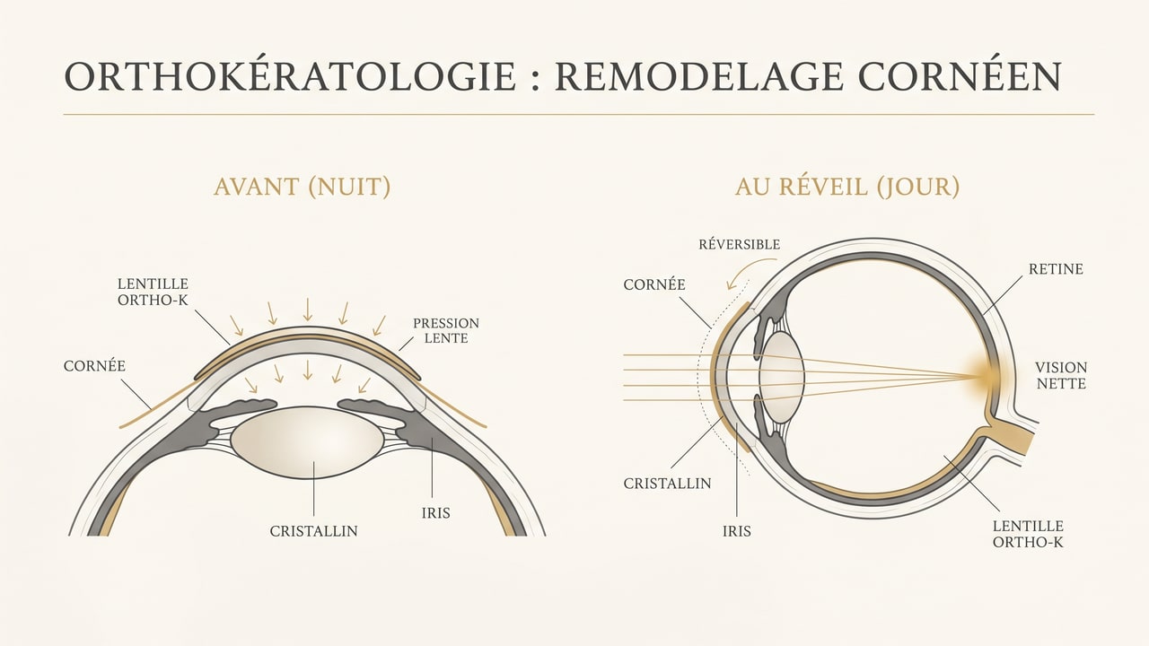 Schéma du remodelage temporaire de la cornée par une lentille d'orthokératologie portée la nuit et de la réversibilité de l'effet