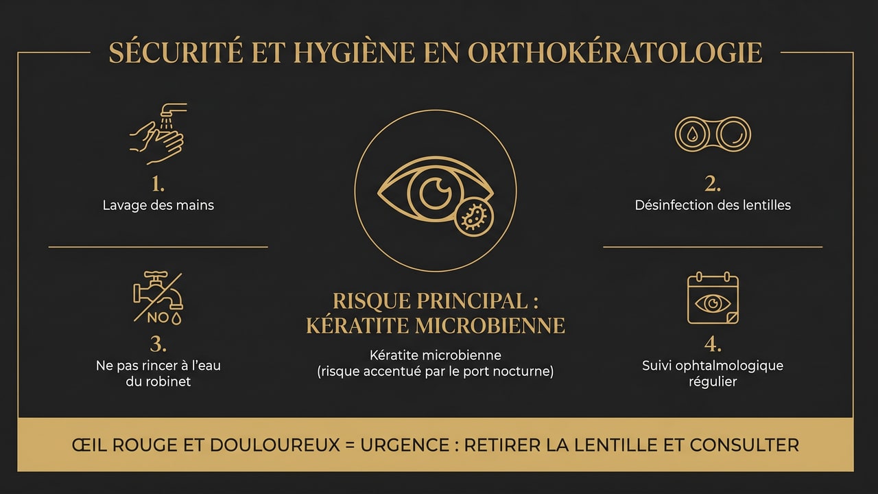 Infographie des risques de l'orthokératologie et des règles d'hygiène pour limiter le risque de kératite