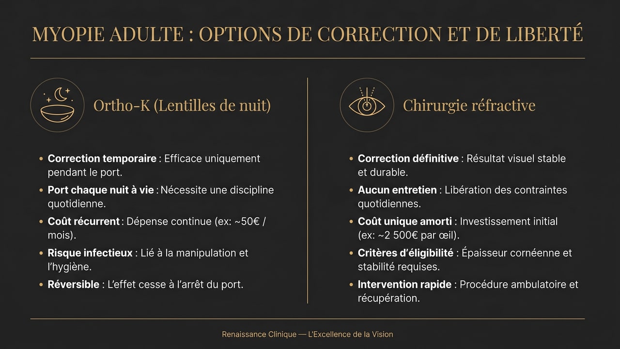 Infographie comparant l'orthokératologie et la chirurgie réfractive pour la myopie de l'adulte stabilisée