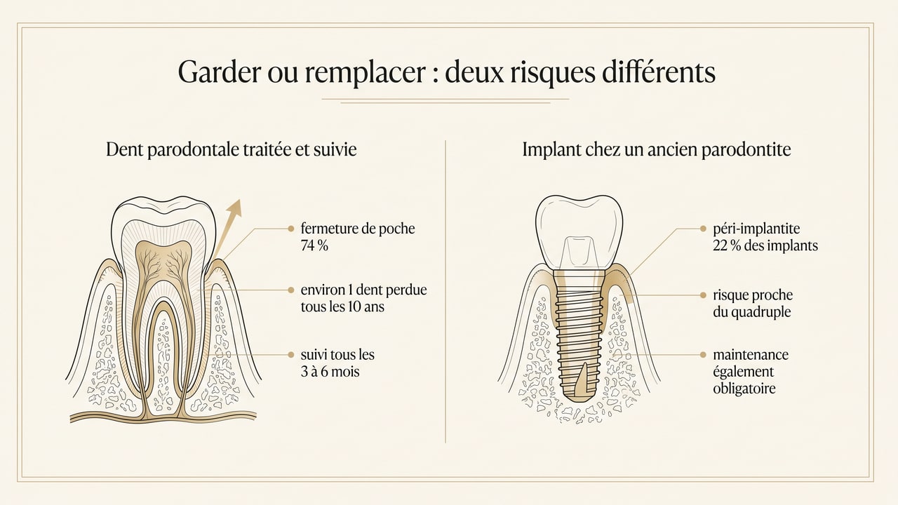 Comparaison entre une dent parodontale traitée et suivie et un implant posé chez un patient ayant un antécédent de parodontite