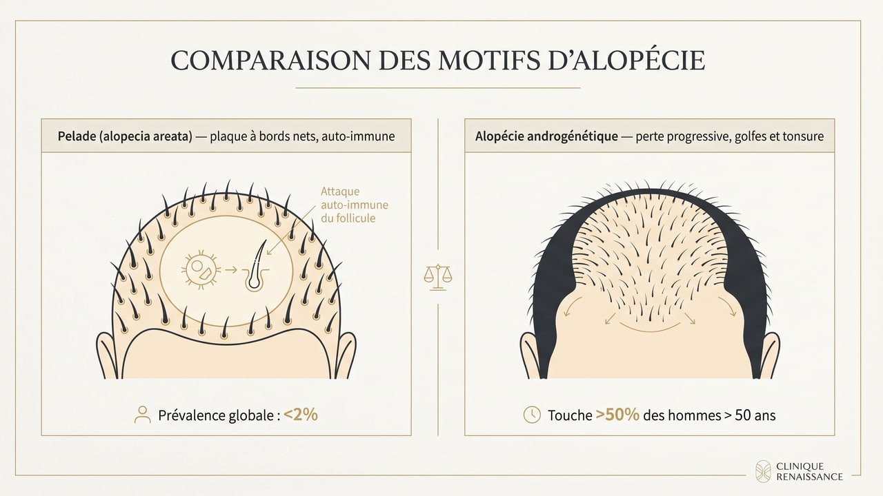 Infographie comparant la pelade (plaque ronde à bords nets, auto-immune) et l'alopécie androgénétique (perte progressive en golfes et tonsure)