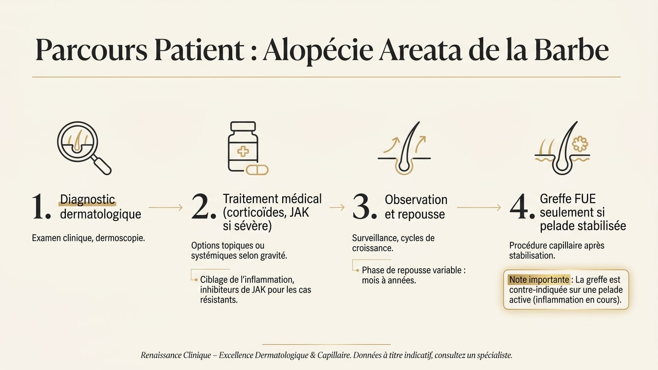 Infographie du parcours de prise en charge de la pelade de la barbe : diagnostic, traitement, observation puis greffe si stabilisée