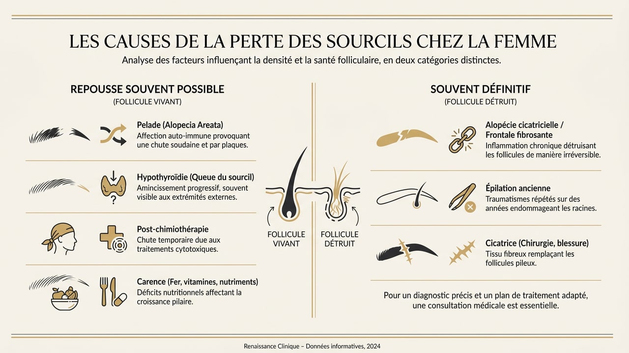 Infographie classant les causes de perte de sourcils chez la femme selon que le follicule est vivant (repousse possible) ou détruit (définitif).
