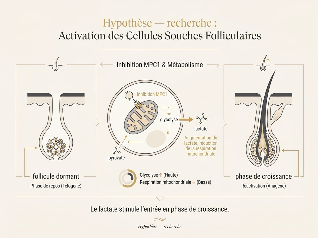 Schéma du mécanisme hypothétique du PP405 : inhibition du transporteur MPC1, production de lactate et réactivation supposée d'un follicule pileux dormant