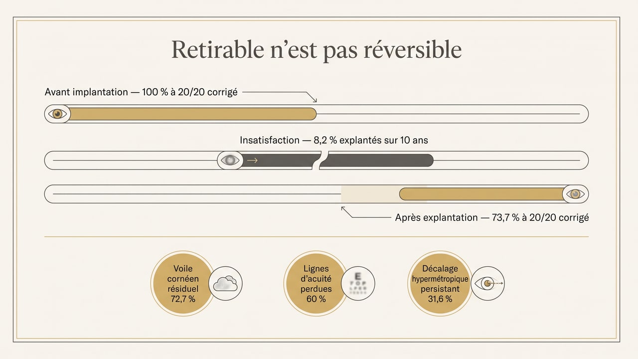 Schéma montrant qu'un inlay cornéen retiré ne rend pas l'œil à son état antérieur : voile cornéen résiduel, lignes d'acuité perdues et décalage hypermétropique persistant