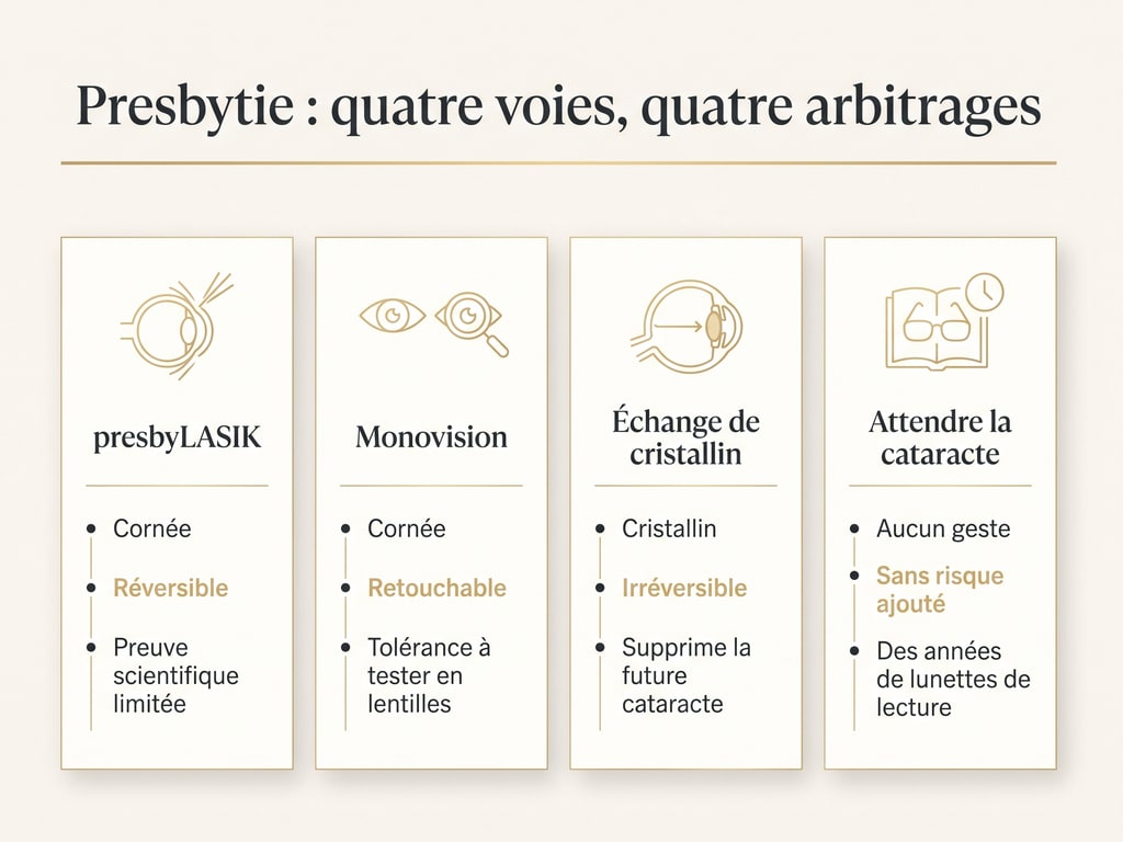 Infographie comparant les quatre options face à la presbytie : presbyLASIK, monovision, échange de cristallin et attente de la cataracte