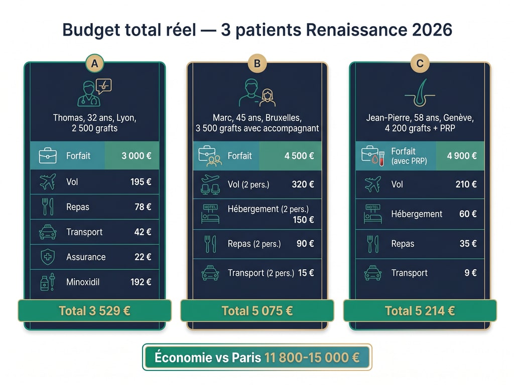 Budget total réel pour trois patients types Renaissance Clinique Istanbul — Thomas 3 529 €, Marc 5 075 €, Jean-Pierre 5 214 € incluant traitements adjuvants