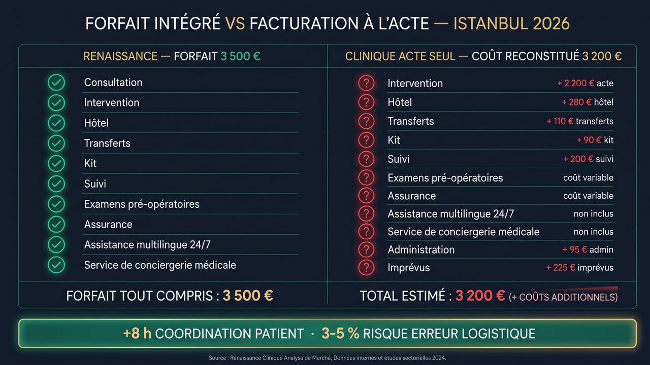 Comparaison du forfait Renaissance Clinique avec une clinique facturant à l'acte — total 3 500 € vs 3 200 € reconstitués plus 8 heures de coordination patient