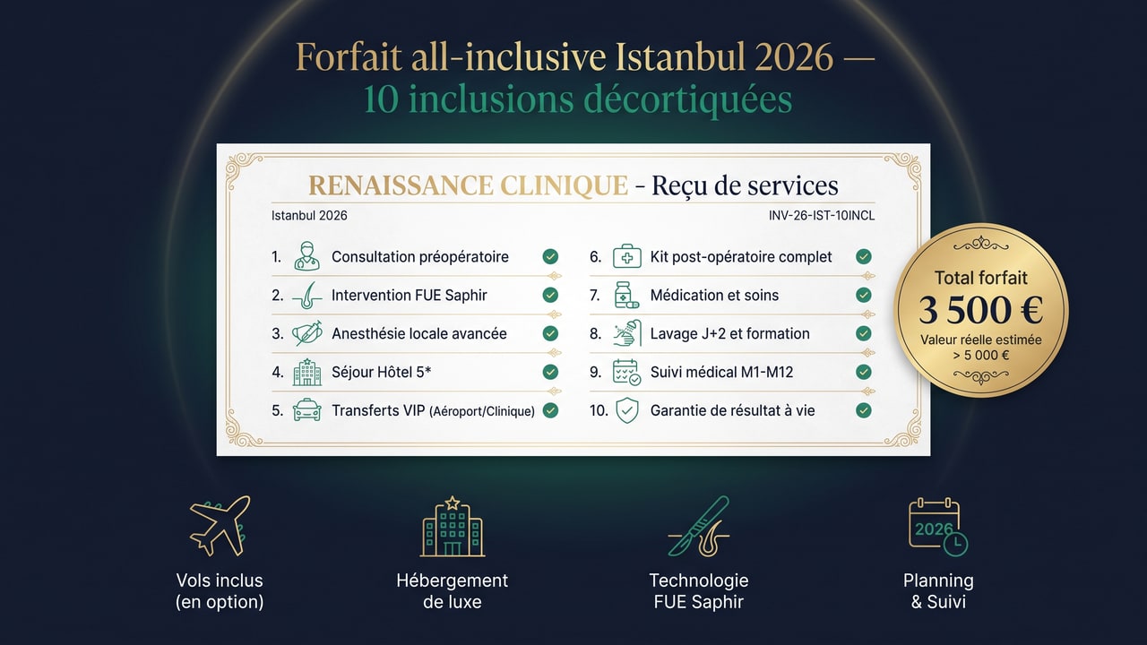 Décomposition visuelle des 10 inclusions du forfait all-inclusive Renaissance Clinique Istanbul 2026 — facture détaillée 3 500 €