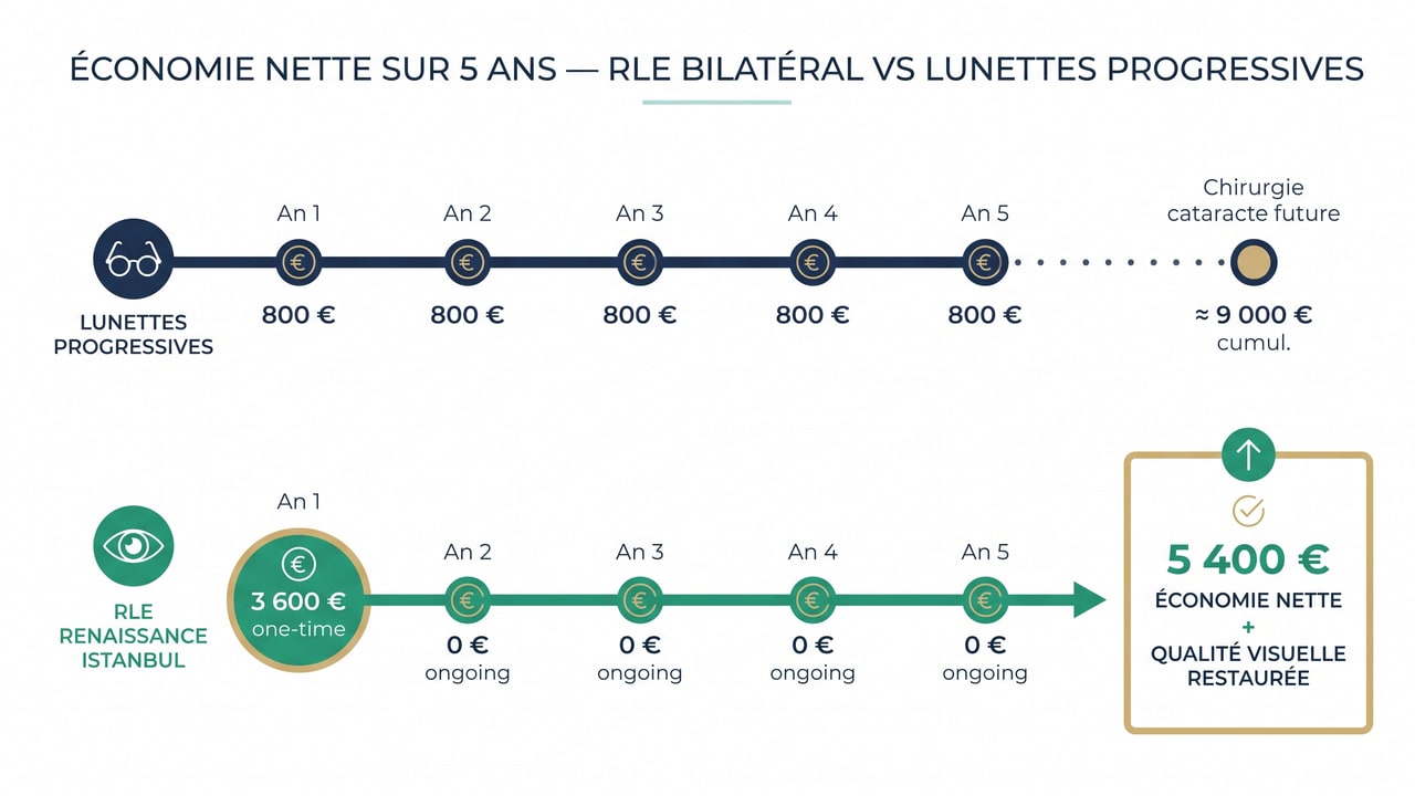 Infographie comparative ROI sur 5 ans : RLE Renaissance Istanbul vs lunettes progressives