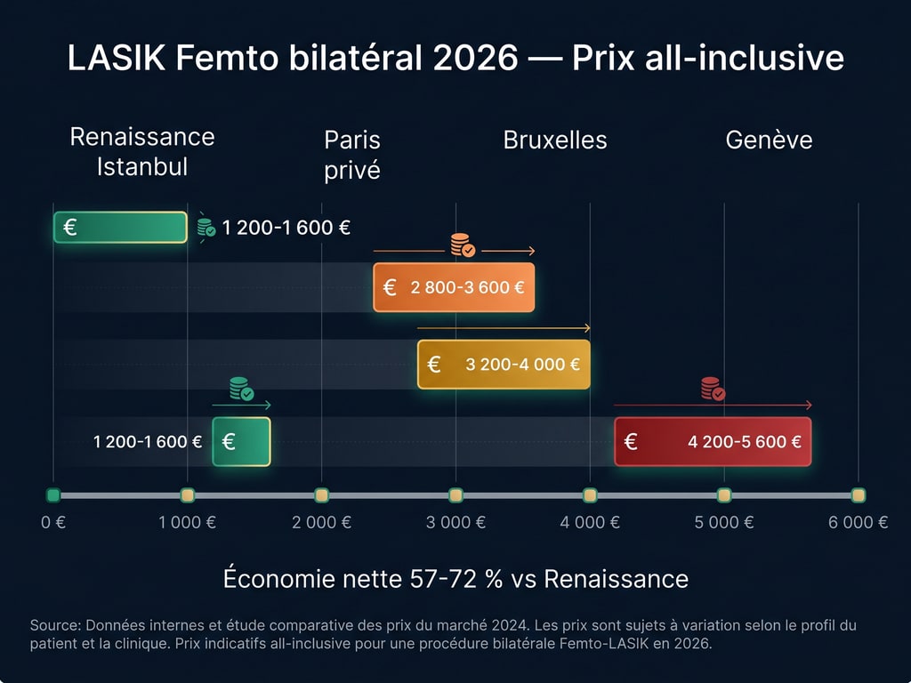 Infographie comparative des prix LASIK bilatéral entre Istanbul, Paris, Bruxelles et Genève