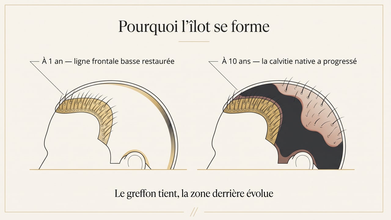 Schéma comparant une ligne frontale restaurée à un an et la même zone à dix ans, où la bande greffée reste dense tandis que la calvitie native a progressé derrière elle, formant un îlot isolé