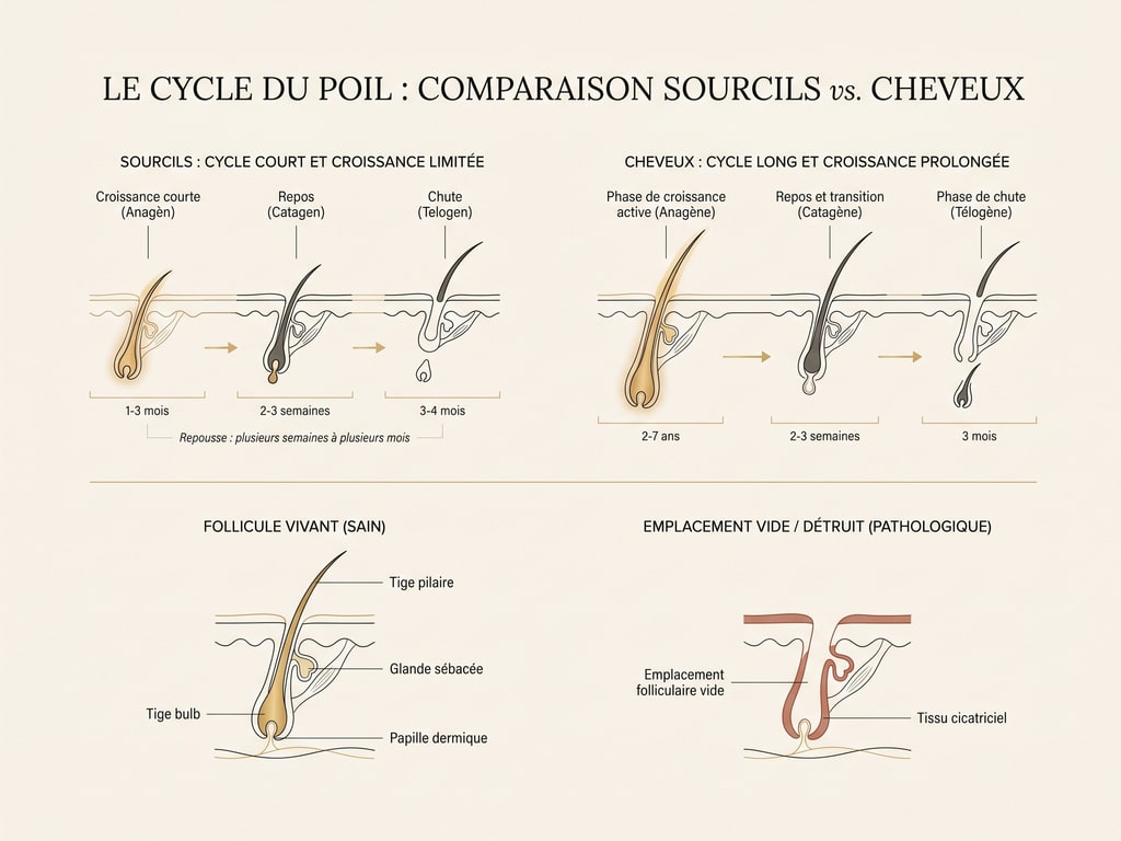 Schéma du cycle de pousse du sourcil et du délai de repousse, avec follicule vivant et follicule détruit