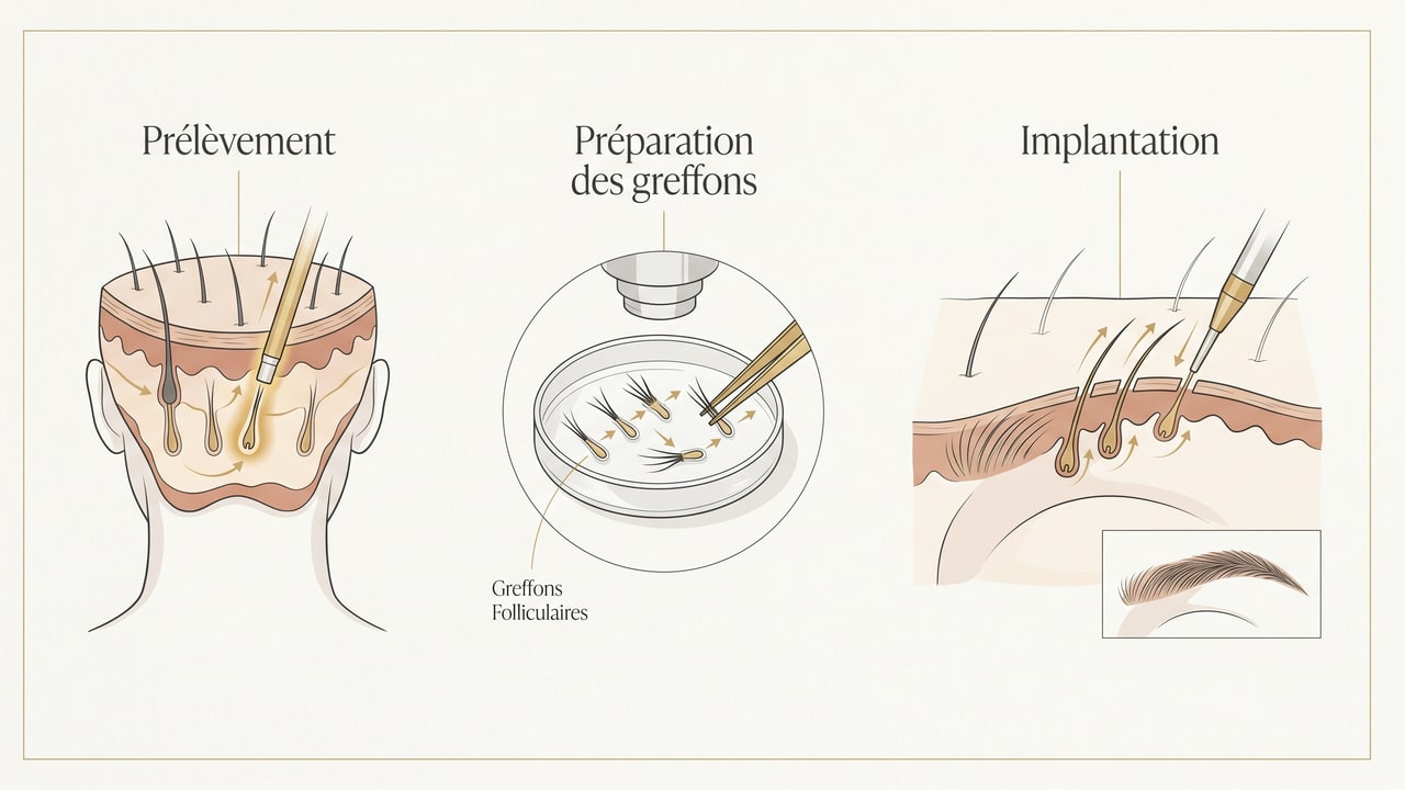 Schéma du principe de la greffe de sourcils : prélèvement, préparation des greffons et implantation